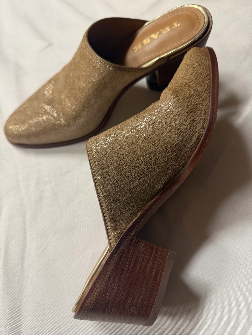 Trask Metallic Gold Calfhair Slip-On Mules